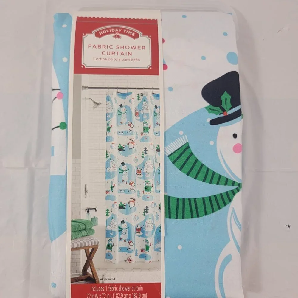Snowman Blue Printed Christmas Fabric Shower Curtain - Size 72”x72”